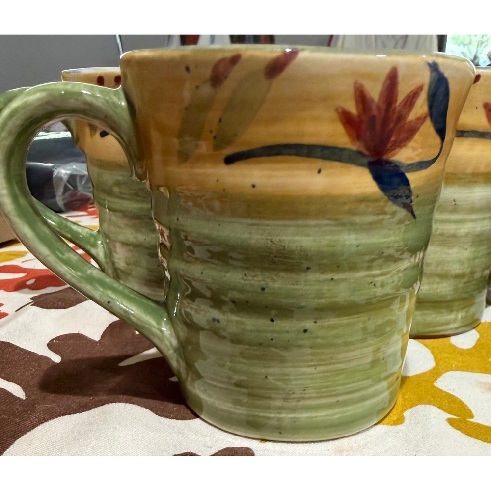 Pier 1 Elizabeth Handpainted Stoneware Mugs Set of 6 Green Floral Ribbed 4.5in